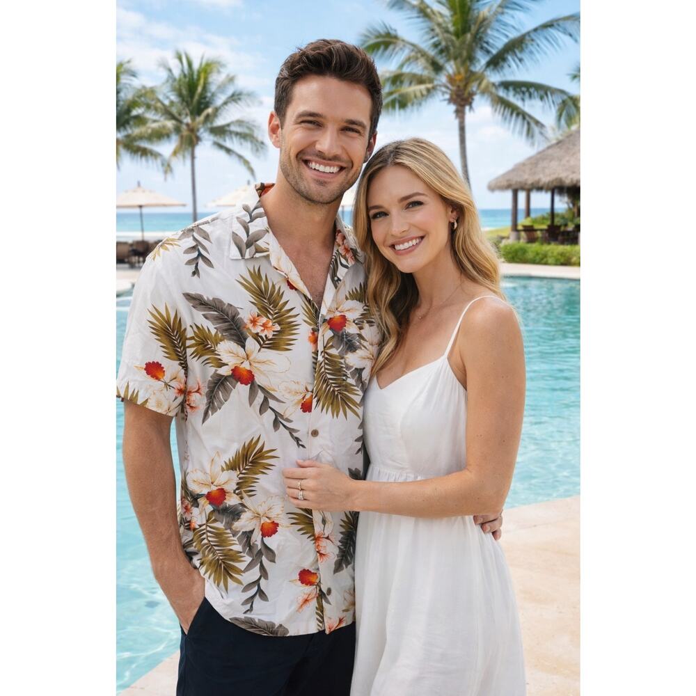 VTG Two Palms Mens Palm&Orchid Button Up Hawaiian Shirt Sz M Resortwear Tropical